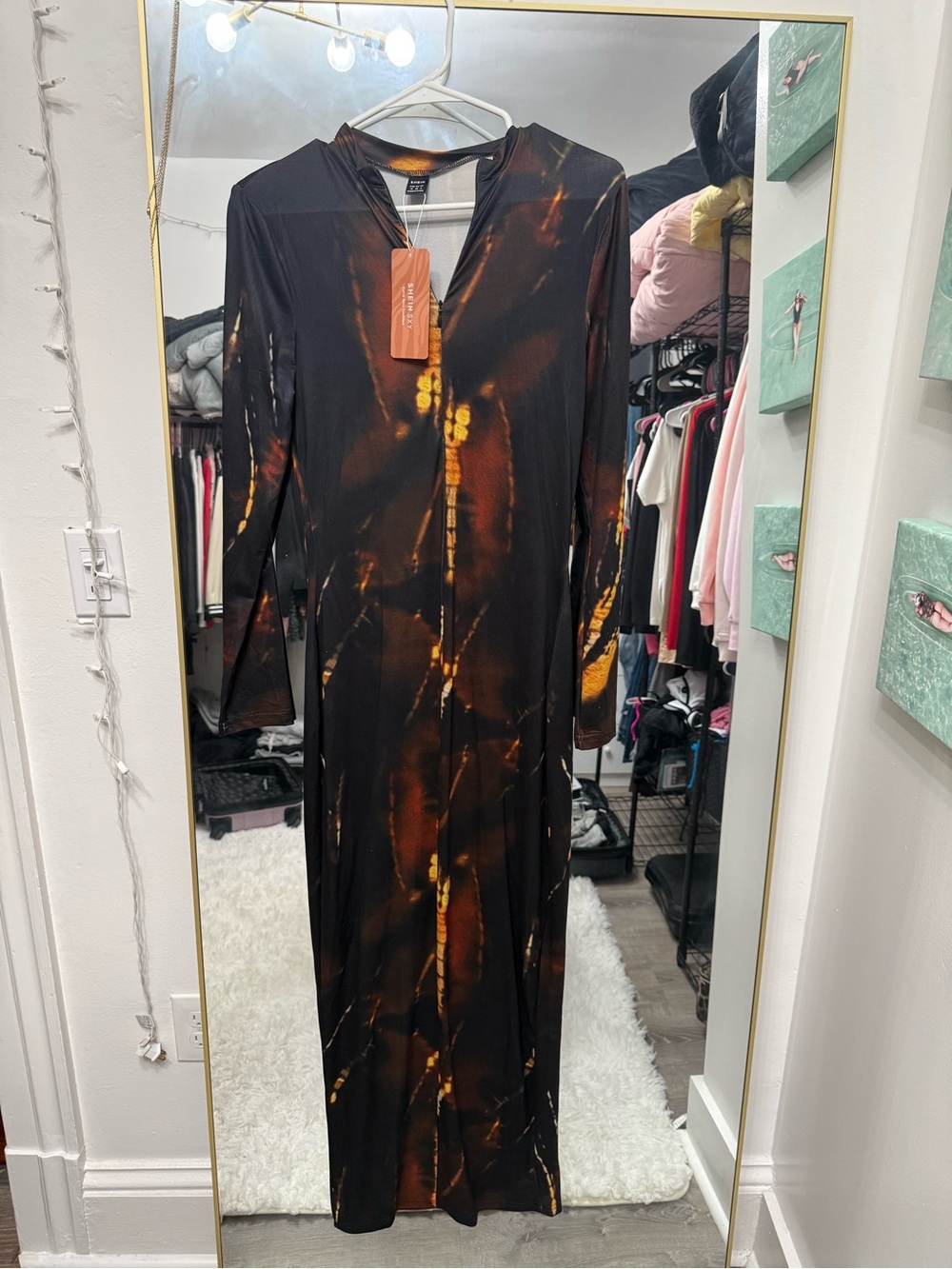 SHEIN Black Maxi Dress with Amber Tie-Dye Accents